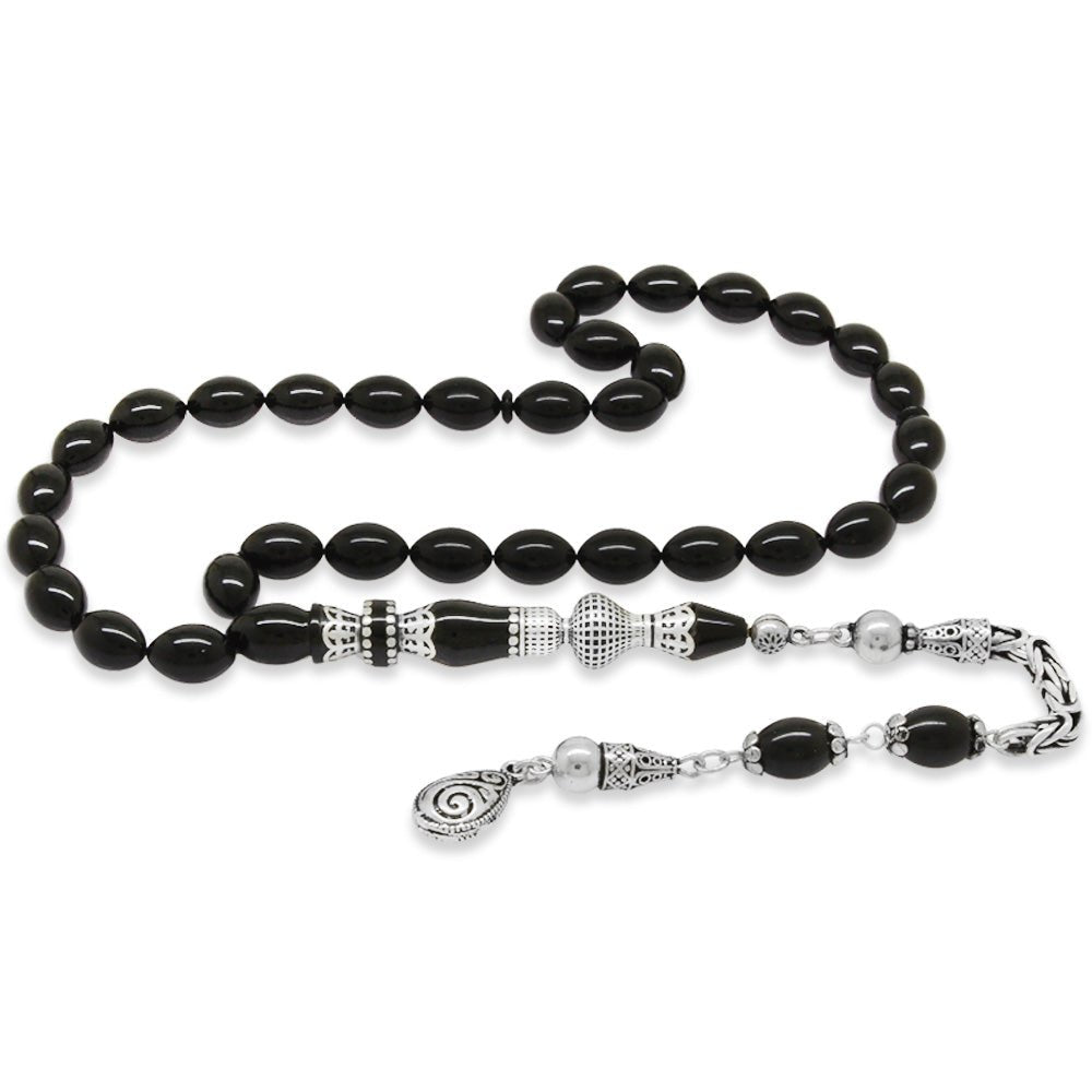 925 Sterling Silver King Tasseled Nakkaş Imameli Black Pressed Amber Prayer Beads - EFENDINA PAZAR - Tesbihane - 101004724