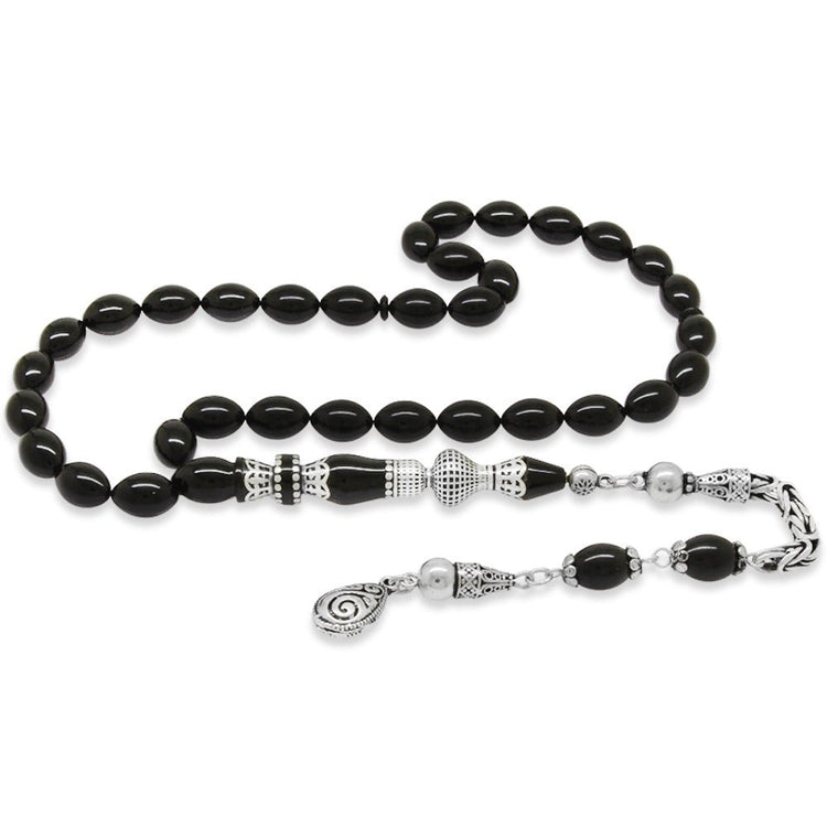 925 Sterling Silver King Tasseled Nakkaş Imameli Black Pressed Amber Prayer Beads - EFENDINA PAZAR - Tesbihane - 101004724