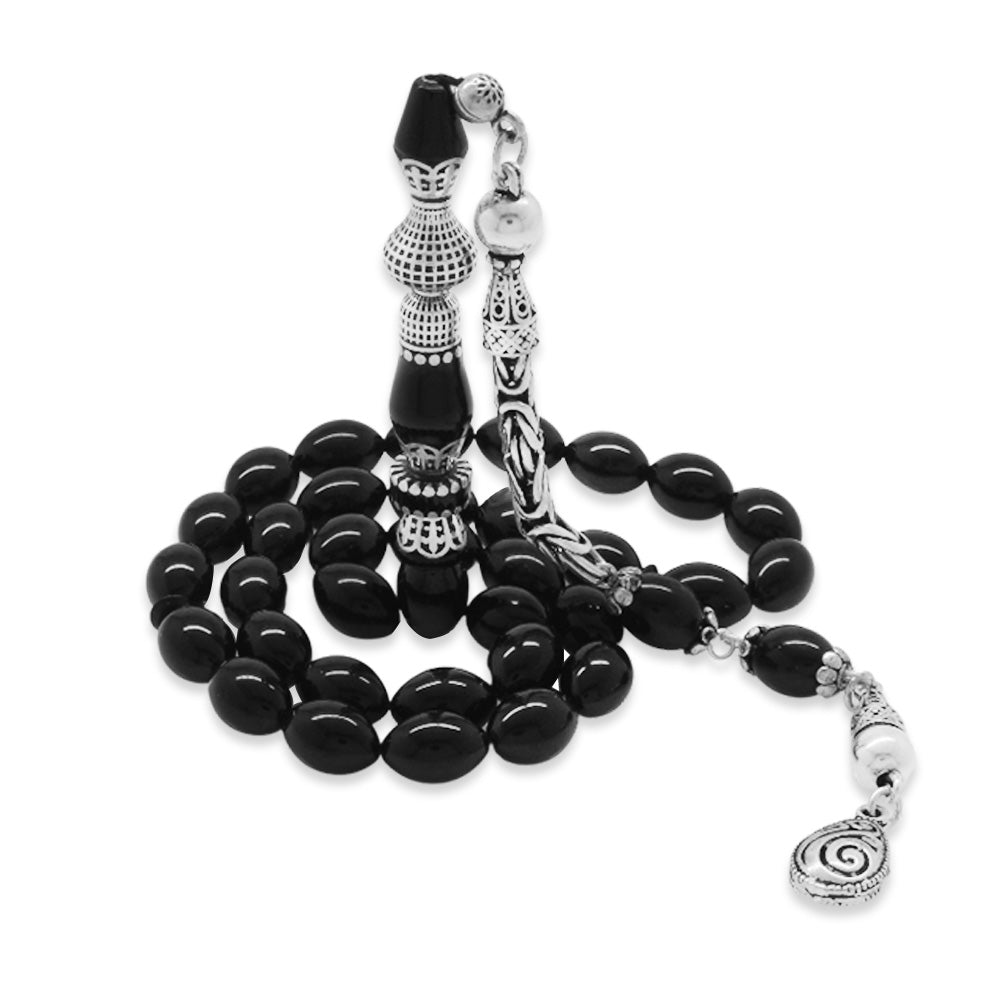 925 Sterling Silver King Tasseled Nakkaş Imameli Black Pressed Amber Prayer Beads - EFENDINA PAZAR - Tesbihane - 101004724