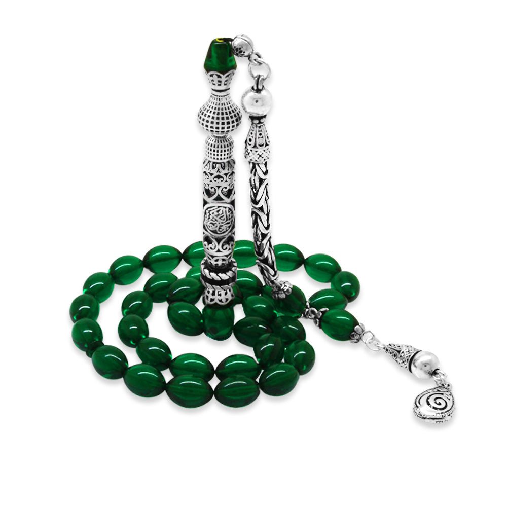 925 Sterling Silver King Tasseled Nakkaş İmameli Cevşen Design Green Fire Amber Rosary - EFENDINA PAZAR - Tesbihane - 101004708