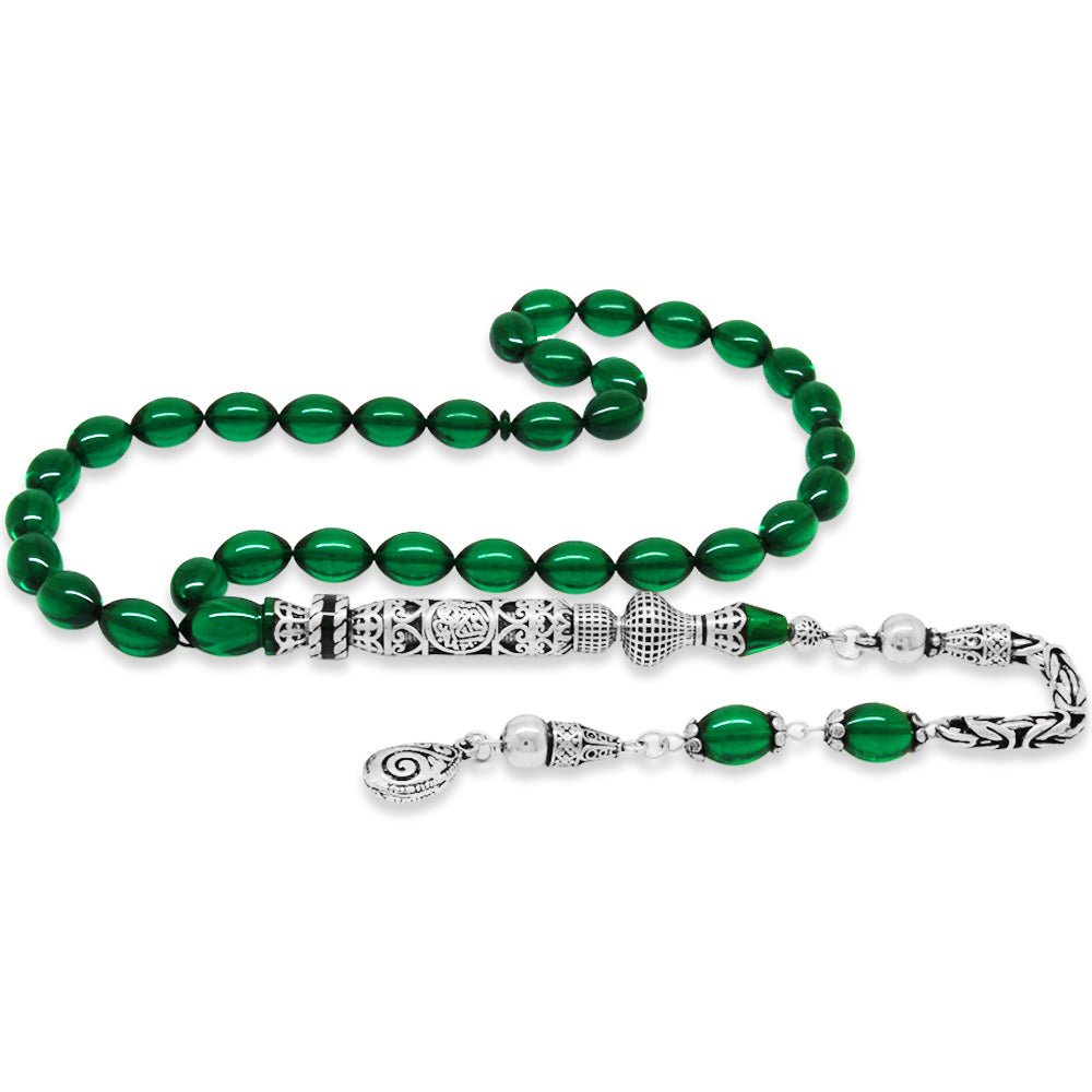 925 Sterling Silver King Tasseled Nakkaş İmameli Cevşen Design Green Fire Amber Rosary - EFENDINA PAZAR - Tesbihane - 101004708