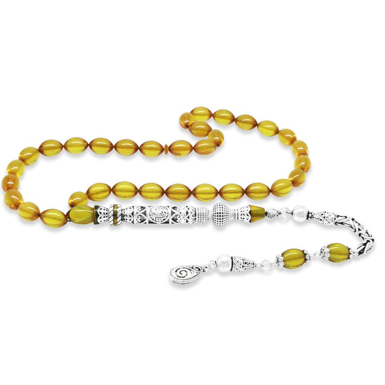 925 Sterling Silver King Tasseled Nakkaş İmameli Cevşen Design Yellow Fire Amber Rosary - EFENDINA PAZAR - Tesbihane - 101004707
