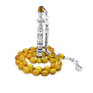 925 Sterling Silver King Tasseled Nakkaş İmameli Cevşen Design Yellow Fire Amber Rosary - EFENDINA PAZAR - Tesbihane - 101004707