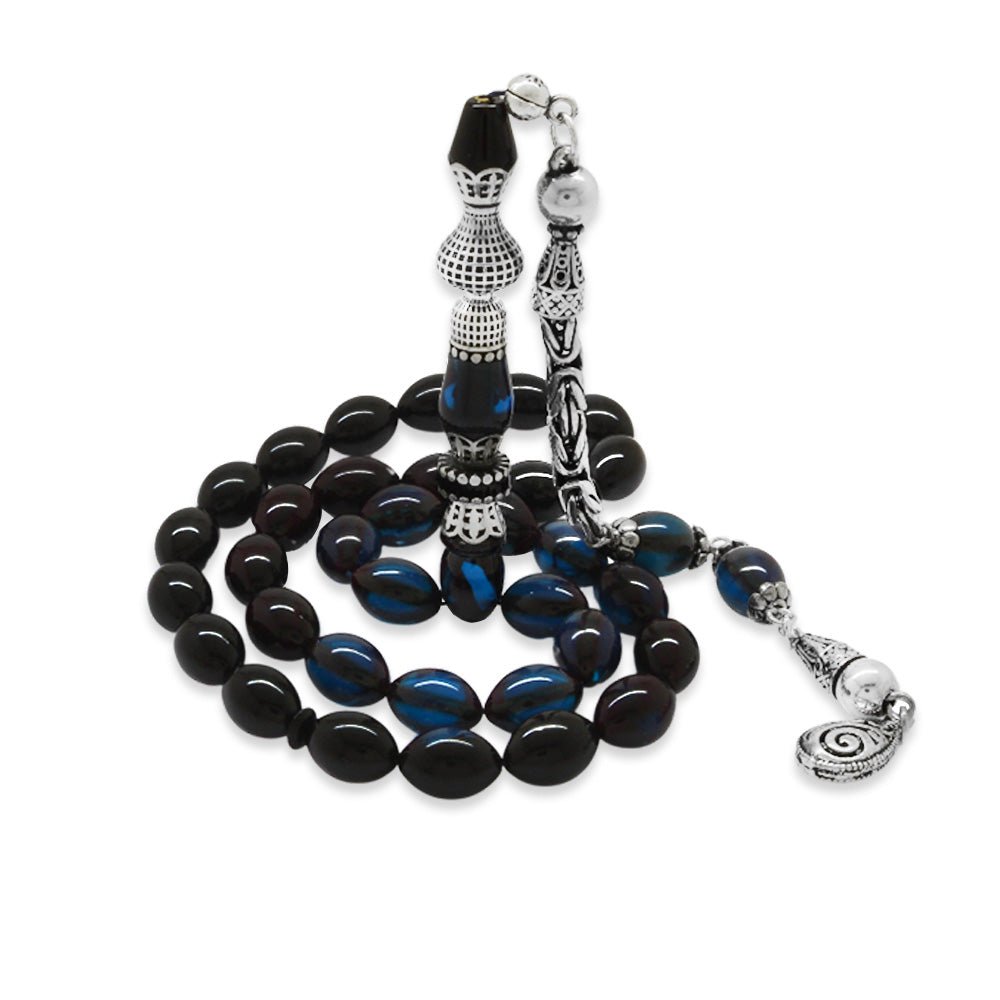 925 Sterling Silver King Tasseled Nakkaş Imameli Filtered Blue - Black Pressed Amber Prayer Beads - EFENDINA PAZAR - Tesbihane - 101004725