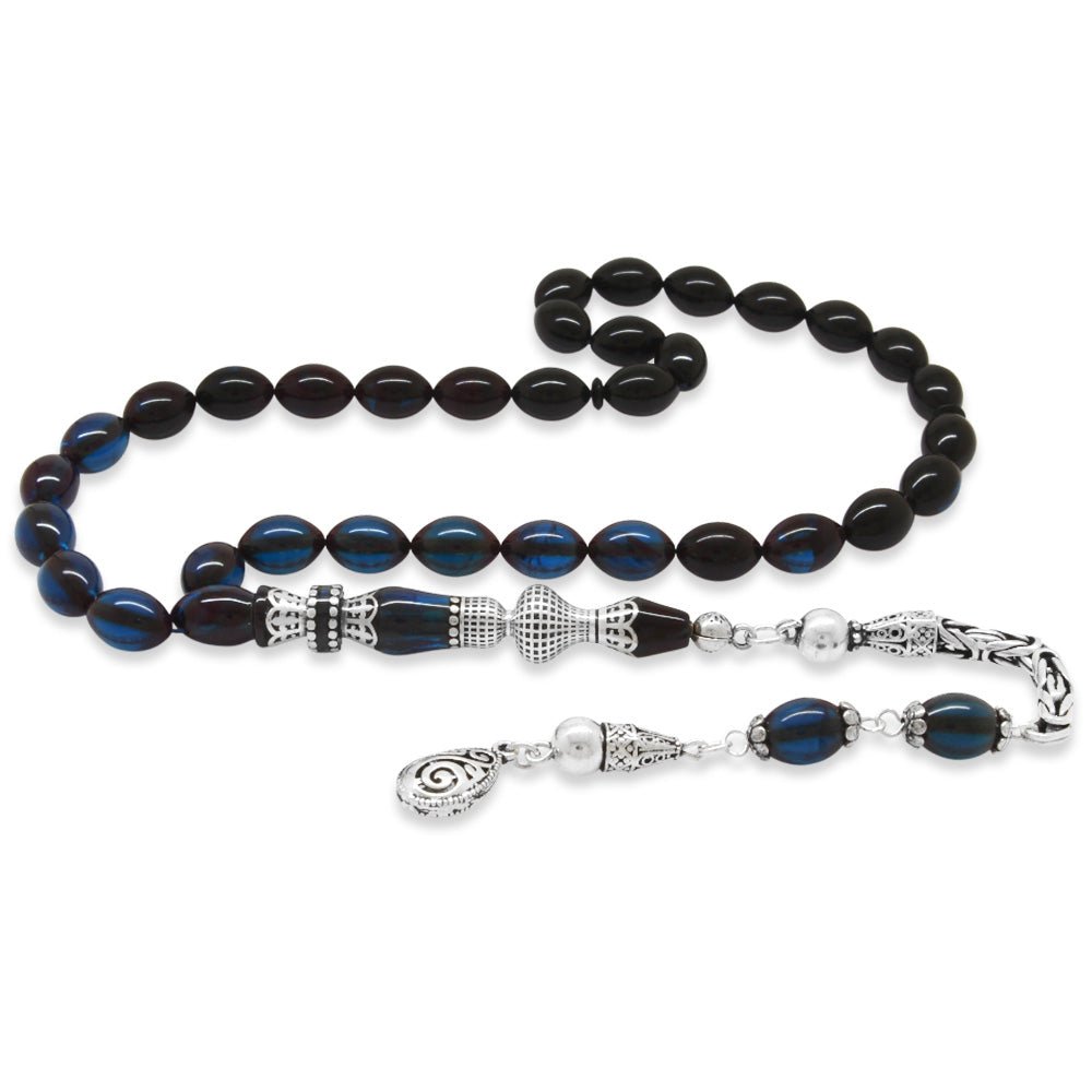 925 Sterling Silver King Tasseled Nakkaş Imameli Filtered Blue - Black Pressed Amber Prayer Beads - EFENDINA PAZAR - Tesbihane - 101004725
