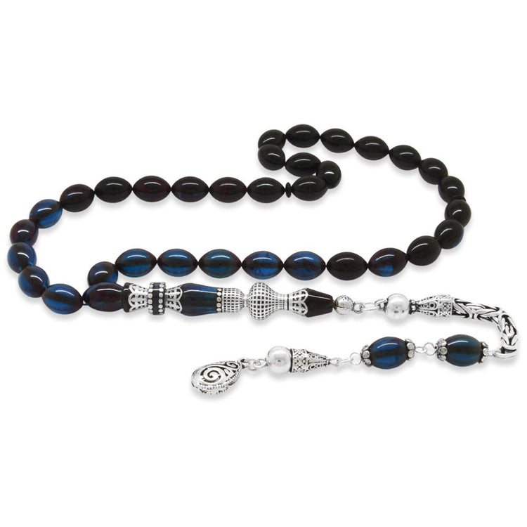 925 Sterling Silver King Tasseled Nakkaş Imameli Filtered Blue - Black Pressed Amber Prayer Beads - EFENDINA PAZAR - Tesbihane - 101004725