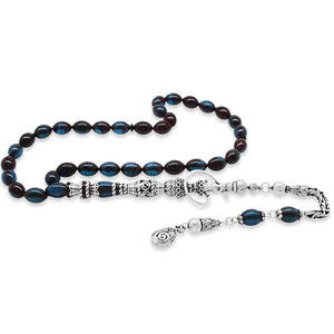 925 Sterling Silver King Tasseled Nakkaş İmameli Hookah Design Blue - Black Pressed Amber Prayer Beads - EFENDINA PAZAR - Tesbihane - 101004712