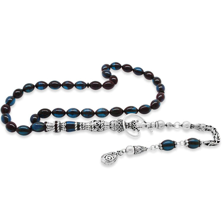 925 Sterling Silver King Tasseled Nakkaş İmameli Hookah Design Blue - Black Pressed Amber Prayer Beads - EFENDINA PAZAR - Tesbihane - 101004712