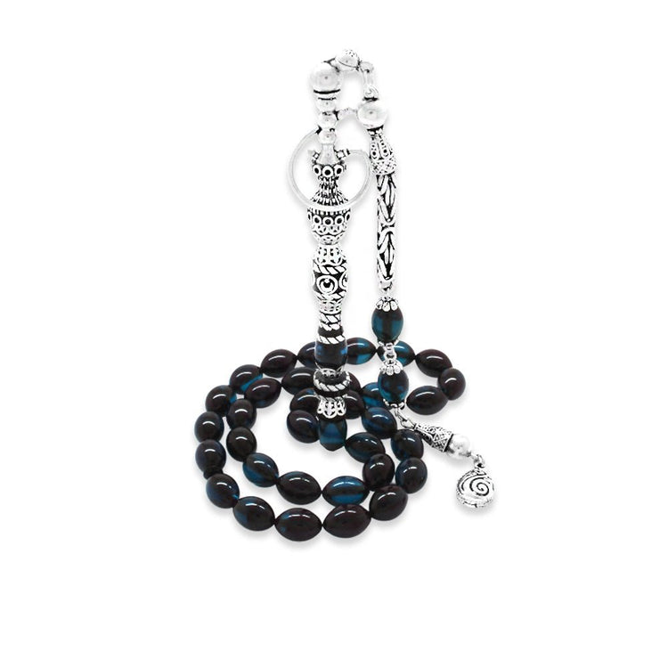 925 Sterling Silver King Tasseled Nakkaş İmameli Hookah Design Blue - Black Pressed Amber Prayer Beads - EFENDINA PAZAR - Tesbihane - 101004712