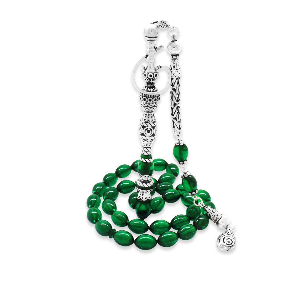 925 Sterling Silver King Tasseled Nakkaş İmameli Hookah Design Green Fire Amber Prayer Beads - EFENDINA PAZAR - Tesbihane - 101004711