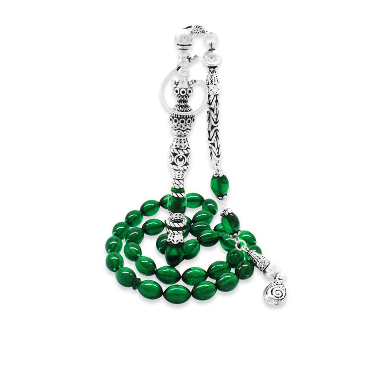 925 Sterling Silver King Tasseled Nakkaş İmameli Hookah Design Green Fire Amber Prayer Beads - EFENDINA PAZAR - Tesbihane - 101004711