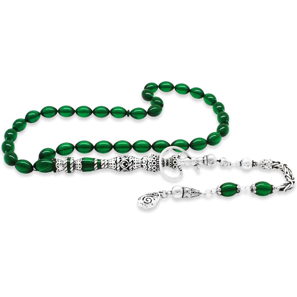 925 Sterling Silver King Tasseled Nakkaş İmameli Hookah Design Green Fire Amber Prayer Beads - EFENDINA PAZAR - Tesbihane - 101004711