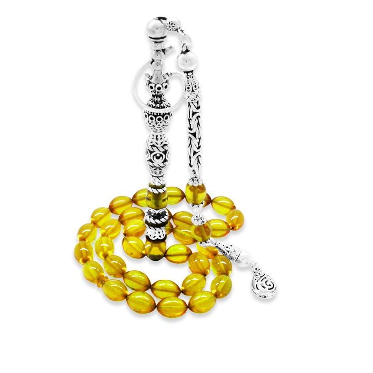 925 Sterling Silver King Tasseled Nakkaş Imameli Hookah Design Yellow Fire Amber Prayer Beads - EFENDINA PAZAR - Tesbihane - 101004710
