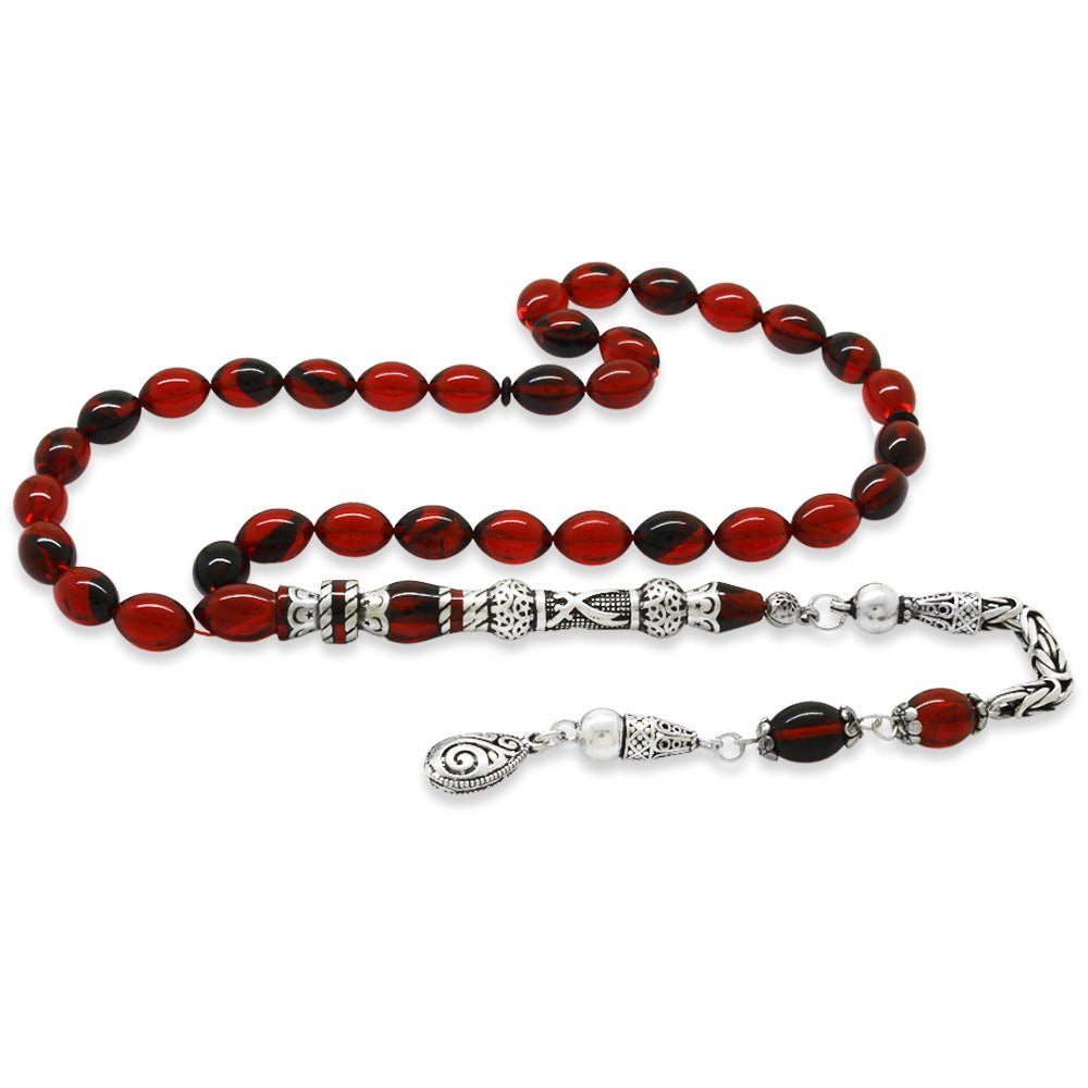 925 Sterling Silver King Tasseled Nakkaş Imameli Zulfiqar Design Red - Black Fire Amber Rosary - EFENDINA PAZAR - Tesbihane - 101004717