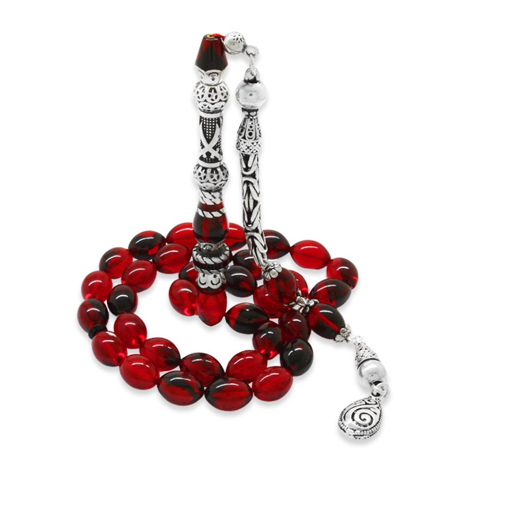925 Sterling Silver King Tasseled Nakkaş Imameli Zulfiqar Design Red - Black Fire Amber Rosary - EFENDINA PAZAR - Tesbihane - 101004717