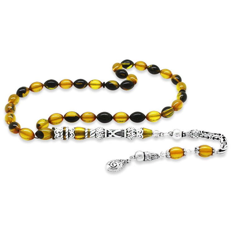 925 Sterling Silver King Tasseled Nakkaş Imameli Zulfiqar Design Yellow - Black Fire Amber Rosary - EFENDINA PAZAR - Tesbihane - 101004718