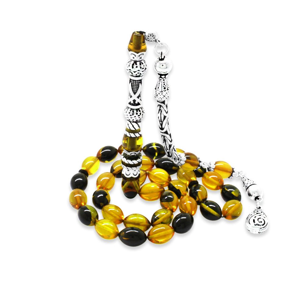 925 Sterling Silver King Tasseled Nakkaş Imameli Zulfiqar Design Yellow - Black Fire Amber Rosary - EFENDINA PAZAR - Tesbihane - 101004718