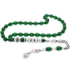 925 Sterling Silver King Tasseled Silver Three - Sarfered Nakkaş Imaginated Green Fire Amber Prayer Beads - EFENDINA PAZAR - Tesbihane - 101004788