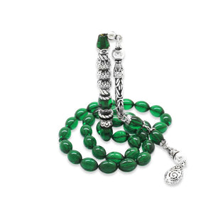 925 Sterling Silver King Tasseled Silver Three - Sarfered Nakkaş Imaginated Green Fire Amber Prayer Beads - EFENDINA PAZAR - Tesbihane - 101004788