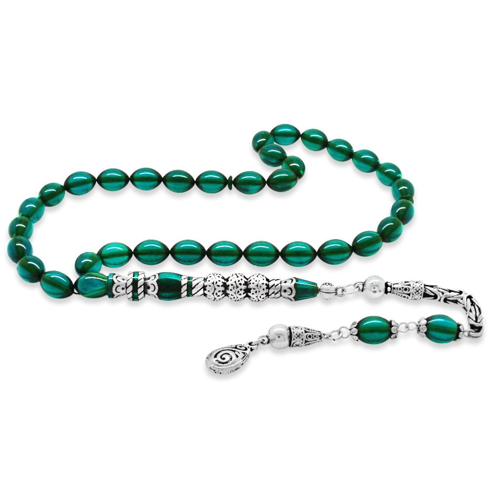 925 Sterling Silver King Tasseled Silver Three - Sarfered Nakkaş Imaginated Turquoise Fire Amber Rosary - EFENDINA PAZAR - Tesbihane - 101004729