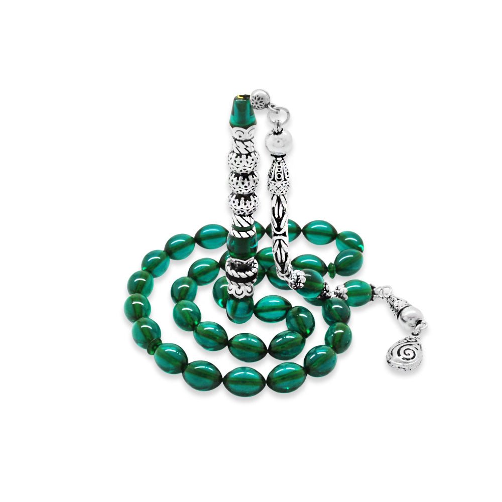 925 Sterling Silver King Tasseled Silver Three - Sarfered Nakkaş Imaginated Turquoise Fire Amber Rosary - EFENDINA PAZAR - Tesbihane - 101004729