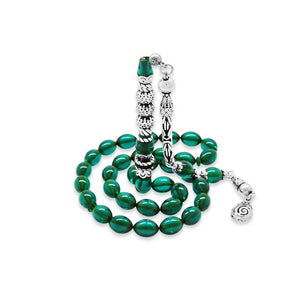 925 Sterling Silver King Tasseled Silver Three - Sarfered Nakkaş Imaginated Turquoise Fire Amber Rosary - EFENDINA PAZAR - Tesbihane - 101004729