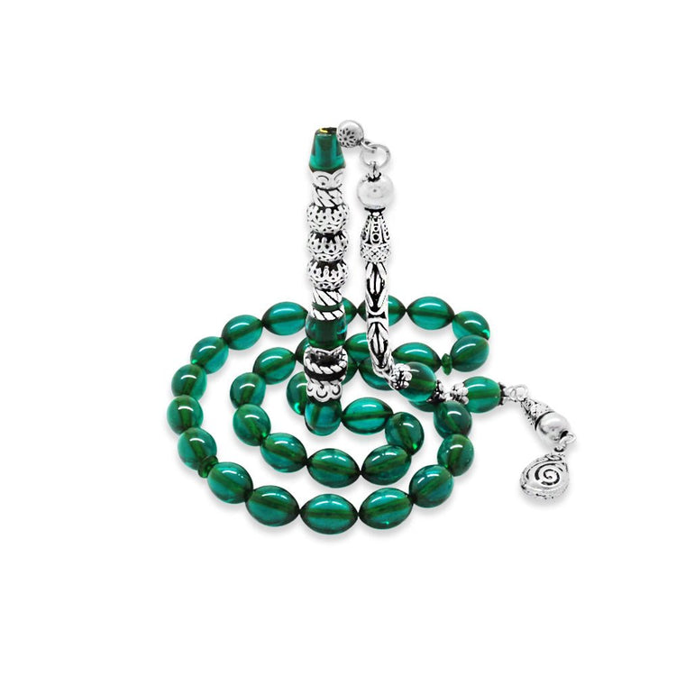 925 Sterling Silver King Tasseled Silver Three - Sarfered Nakkaş Imaginated Turquoise Fire Amber Rosary - EFENDINA PAZAR - Tesbihane - 101004729