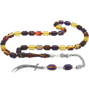 925 Sterling Silver King Tasseled Tip Capsule Cut Bonibon Fire Amber Rosary with Personalized Name Written - EFENDINA PAZAR - Tesbihane - 101004695