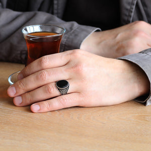 925 Sterling Silver Labyrinth Oval Black Onyx Stone Men's Ring - EFENDINA PAZAR - Tesbihane - 102001540