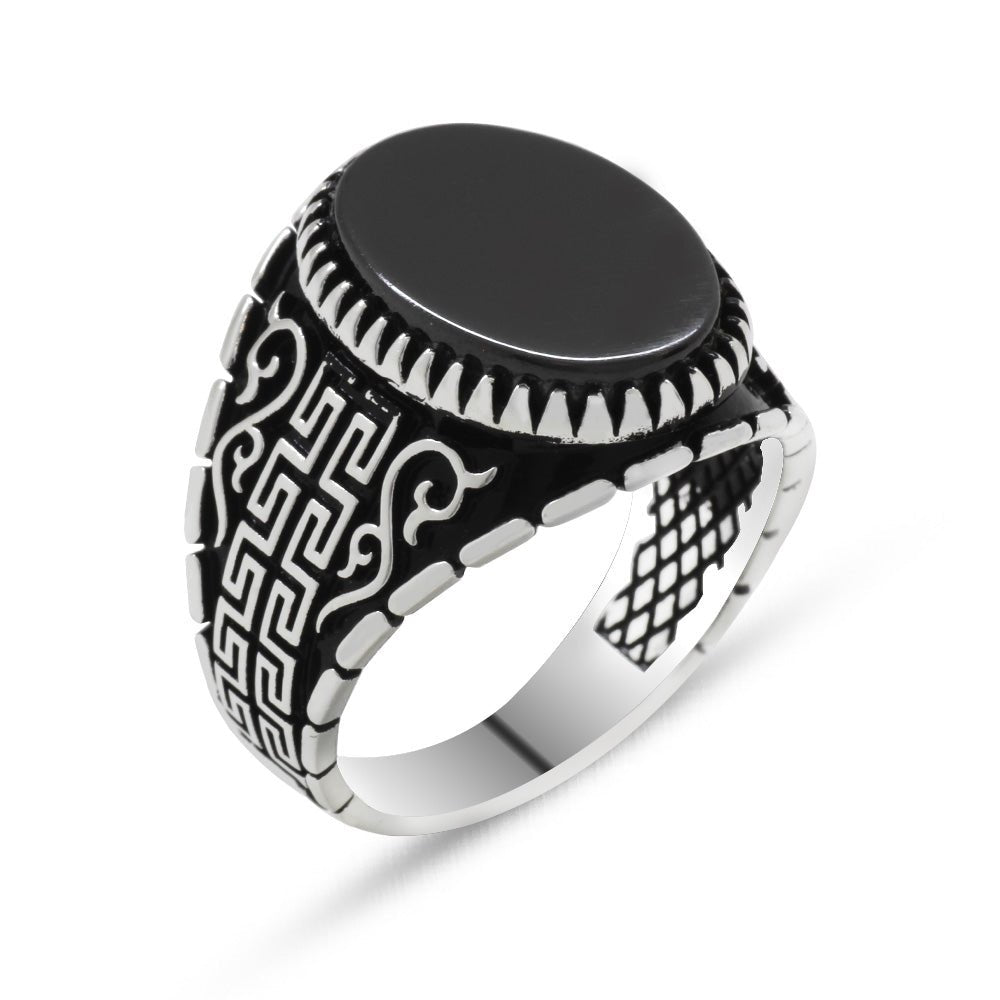 925 Sterling Silver Labyrinth Oval Black Onyx Stone Men's Ring - EFENDINA PAZAR - Tesbihane - 102001540