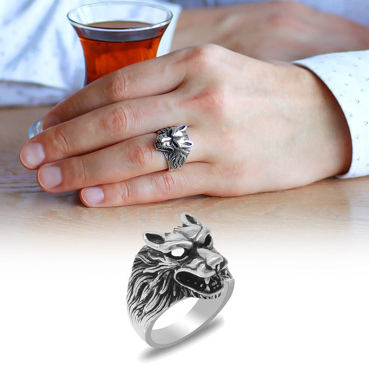 925 Sterling Silver Men Gray Wolf Ring - EFENDINA PAZAR - Tesbihane - 102002302