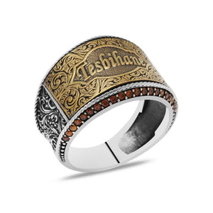 925 Sterling Silver Men with Micro Red Zircon Stone Set and Personalized Name Written - EFENDINA PAZAR - Tesbihane - 102002669