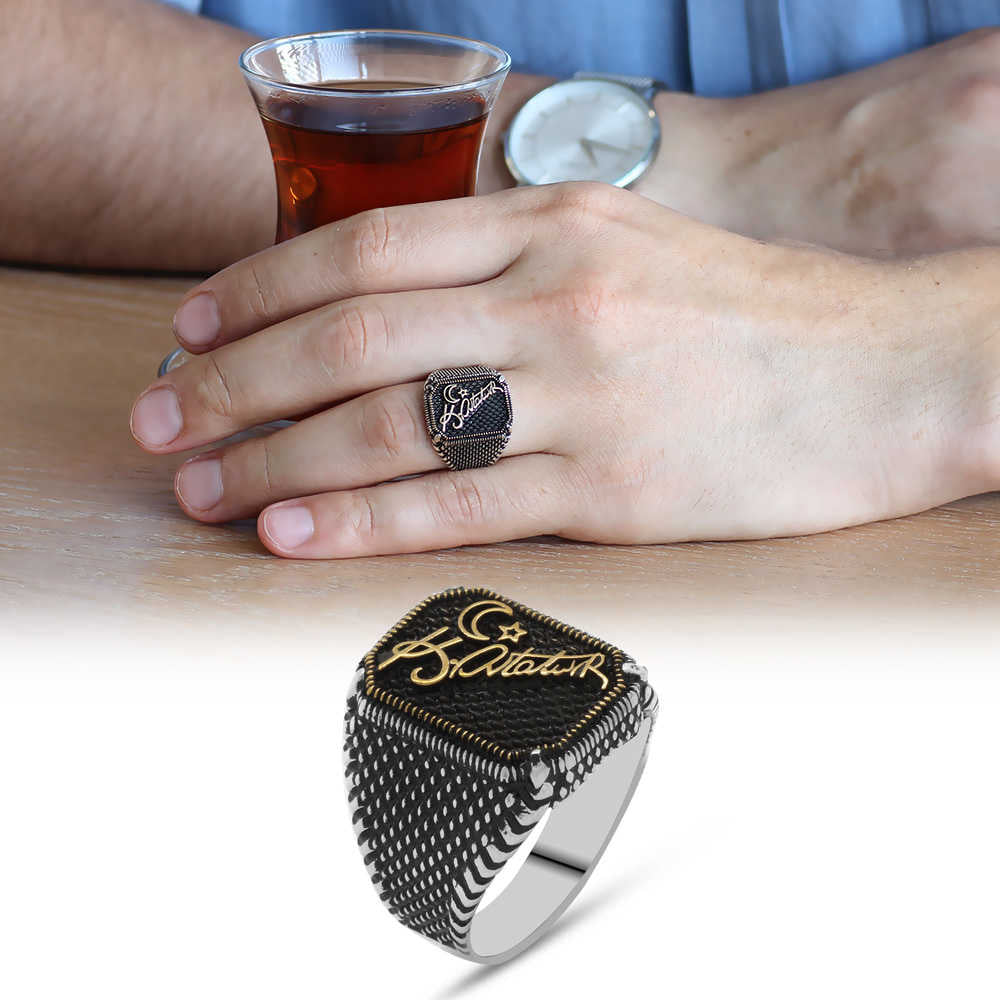 925 Sterling Silver Men&#39;s Ring with Star and Crescent Signed by Atatürk - EFENDINA PAZAR - Tesbihane - 102001653