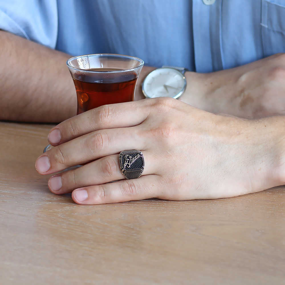 925 Sterling Silver Men&#39;s Ring with Star and Crescent Signed by Atatürk - EFENDINA PAZAR - Tesbihane - 102001653