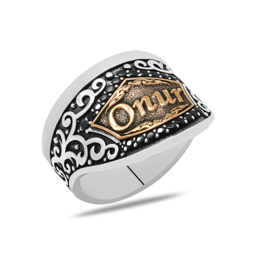 925 Sterling Silver Men's Archer (Zihgir) Ring with Black Zircon Stone and Personalized Name Written - EFENDINA PAZAR - Tesbihane - 102002666
