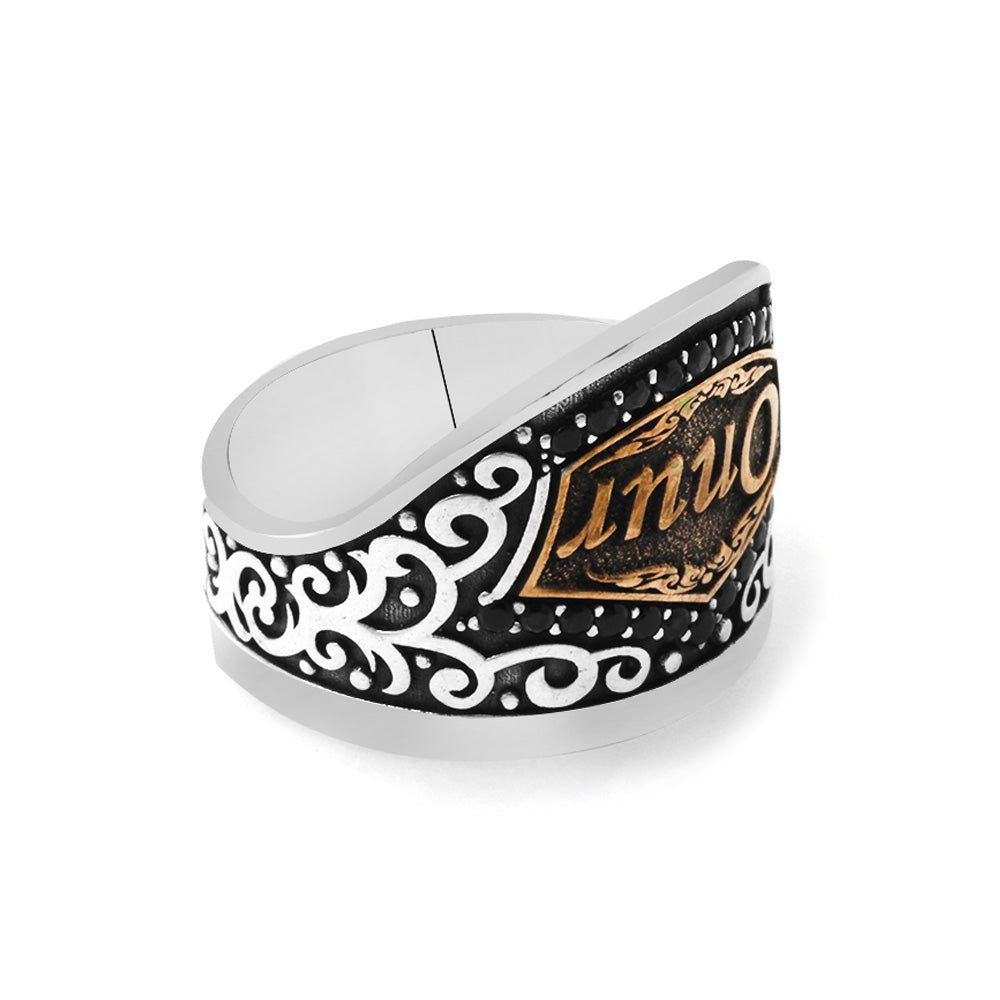 925 Sterling Silver Men's Archer (Zihgir) Ring with Black Zircon Stone and Personalized Name Written - EFENDINA PAZAR - Tesbihane - 102002666