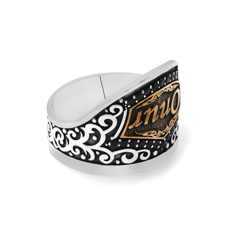 925 Sterling Silver Men's Archer (Zihgir) Ring with Black Zircon Stone and Personalized Name Written - EFENDINA PAZAR - Tesbihane - 102002666