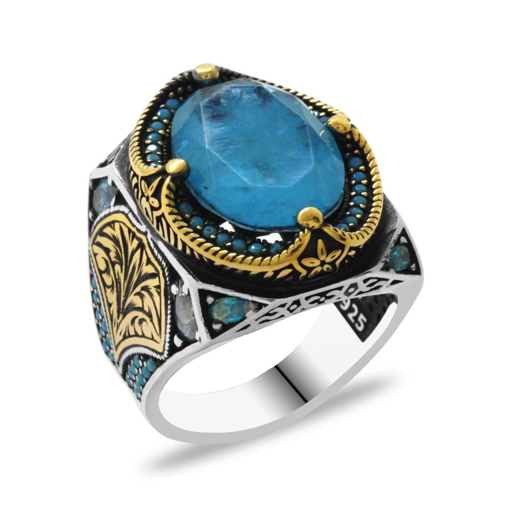 925 Sterling Silver Men's Ring with Aqua Paraiba Stone Edges and Pencil Workmanship Detail - EFENDINA PAZAR - Tesbihane - 102002293