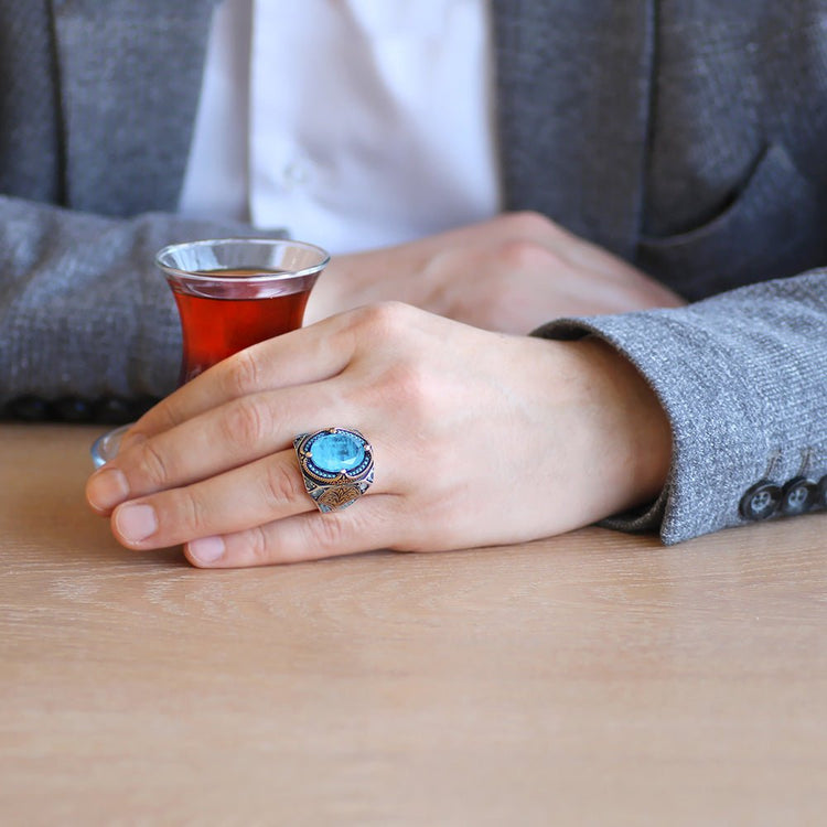 925 Sterling Silver Men's Ring with Aqua Paraiba Stone Edges and Pencil Workmanship Detail - EFENDINA PAZAR - Tesbihane - 102002293