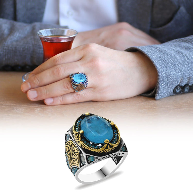 925 Sterling Silver Men's Ring with Aqua Paraiba Stone Edges and Pencil Workmanship Detail - EFENDINA PAZAR - Tesbihane - 102002293