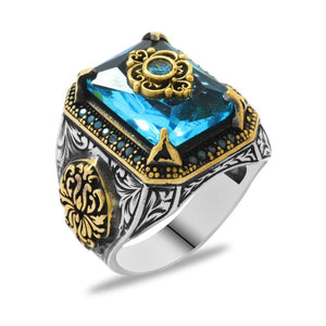 925 Sterling Silver Men's Ring with Aqua Zircon Stone and Anatolian Pattern Motif - EFENDINA PAZAR - Tesbihane - 102002271