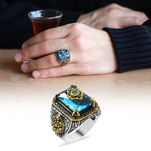 925 Sterling Silver Men's Ring with Aqua Zircon Stone and Anatolian Pattern Motif - EFENDINA PAZAR - Tesbihane - 102002271