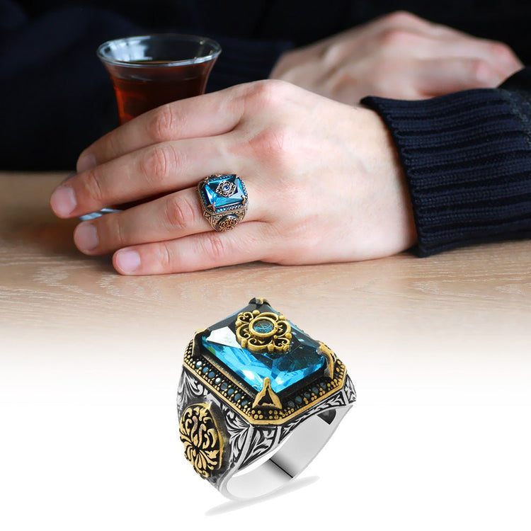 925 Sterling Silver Men's Ring with Aqua Zircon Stone and Anatolian Pattern Motif - EFENDINA PAZAR - Tesbihane - 102002271