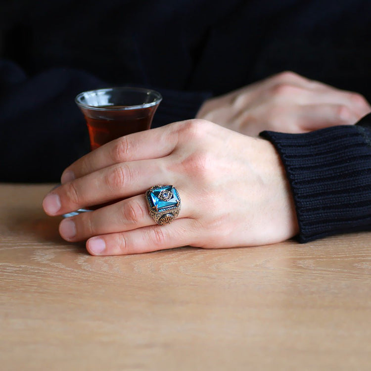 925 Sterling Silver Men's Ring with Aqua Zircon Stone and Anatolian Pattern Motif - EFENDINA PAZAR - Tesbihane - 102002271