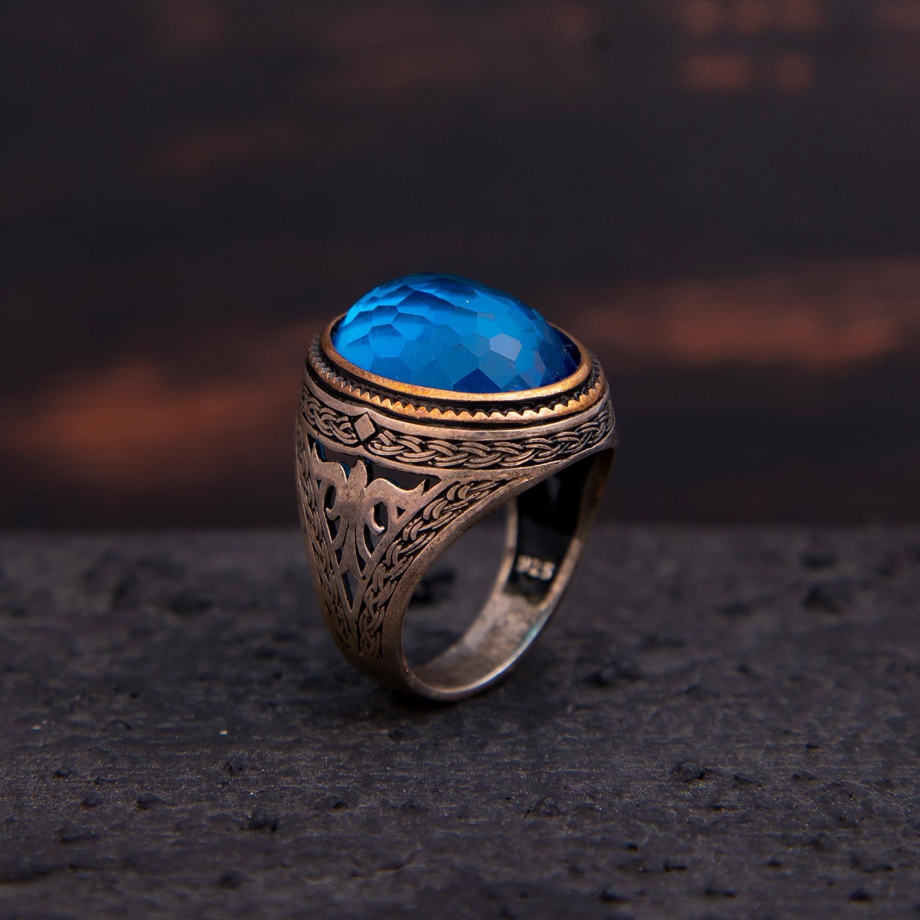 925 Sterling Silver Men's Ring with Aquamarine Stone - EFENDINA PAZAR - Ve Tesbih - 