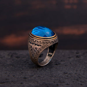 925 Sterling Silver Men's Ring with Aquamarine Stone - EFENDINA PAZAR - Ve Tesbih - 