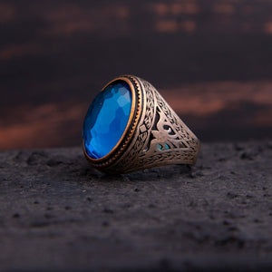 925 Sterling Silver Men's Ring with Aquamarine Stone - EFENDINA PAZAR - Ve Tesbih - 