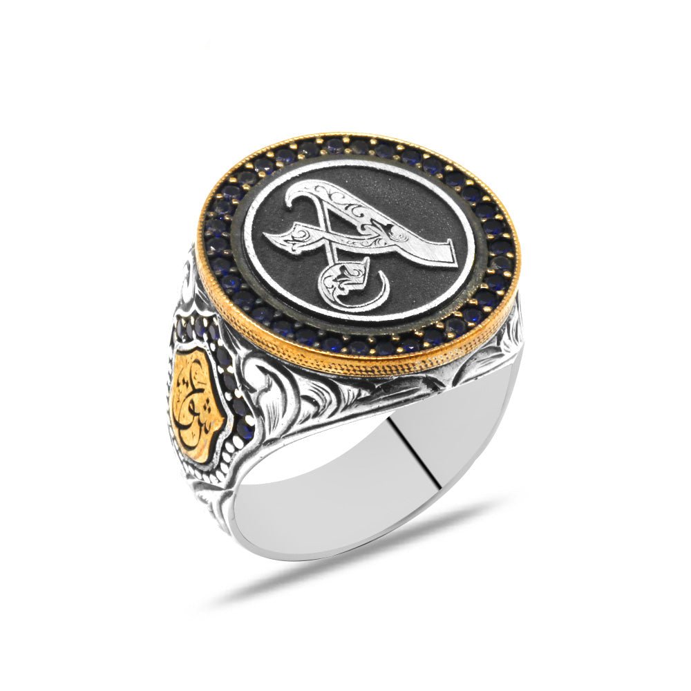 925 Sterling Silver Men's Ring with Arabic Love Written on the Edge and Personalized Letters - EFENDINA PAZAR - Tesbihane - 102002672