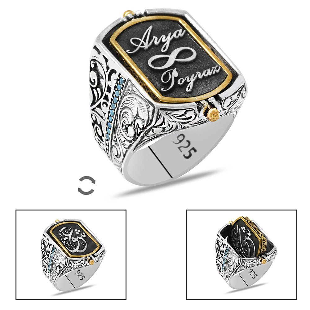 925 Sterling Silver Men's Ring with Arabic Love Written on Two Sides and Personalized Name Written on it - EFENDINA PAZAR - Tesbihane - 102002678
