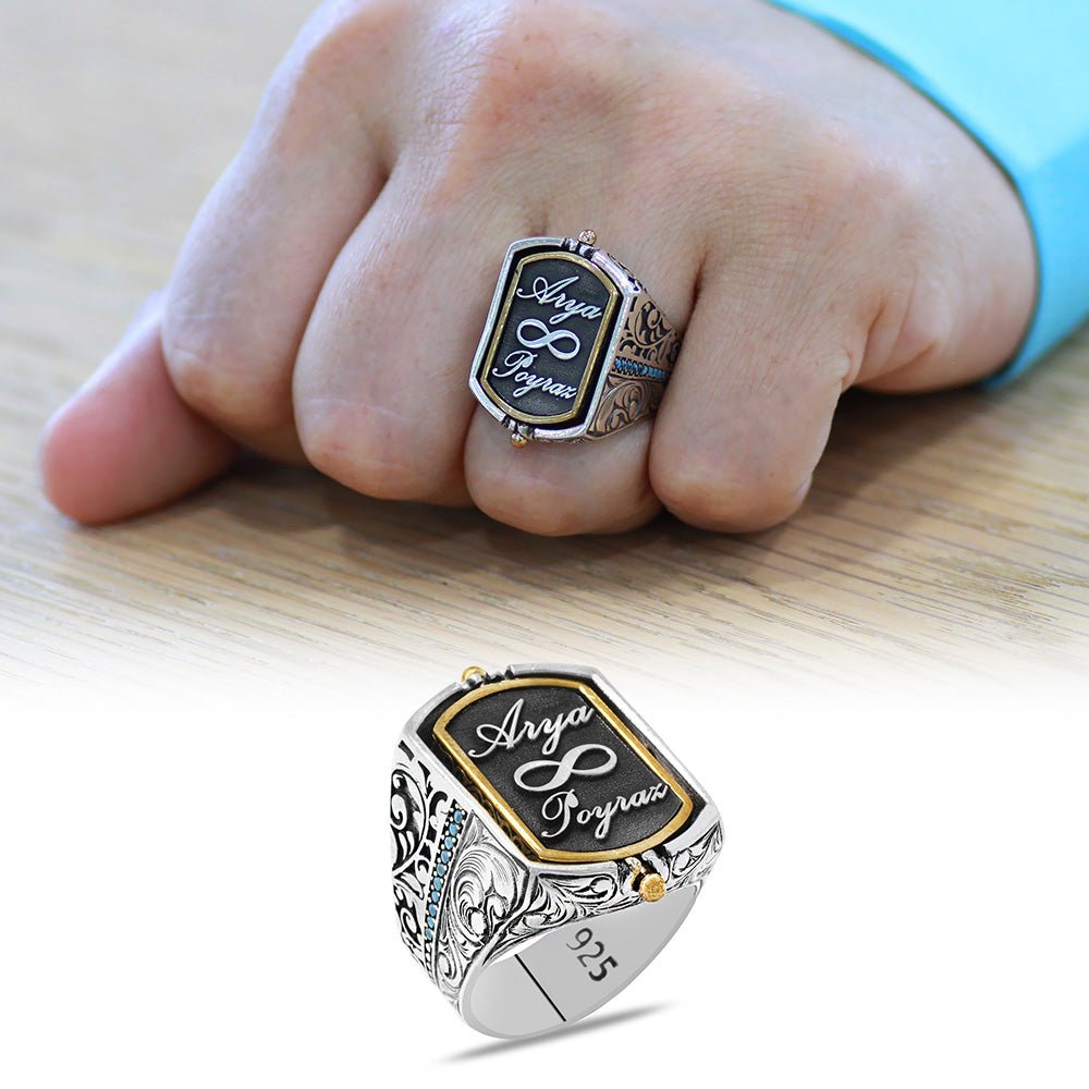 925 Sterling Silver Men's Ring with Arabic Love Written on Two Sides and Personalized Name Written on it - EFENDINA PAZAR - Tesbihane - 102002678
